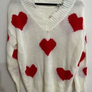 Cozy Heart Patterned Sweater Distressed - Red & White Medium